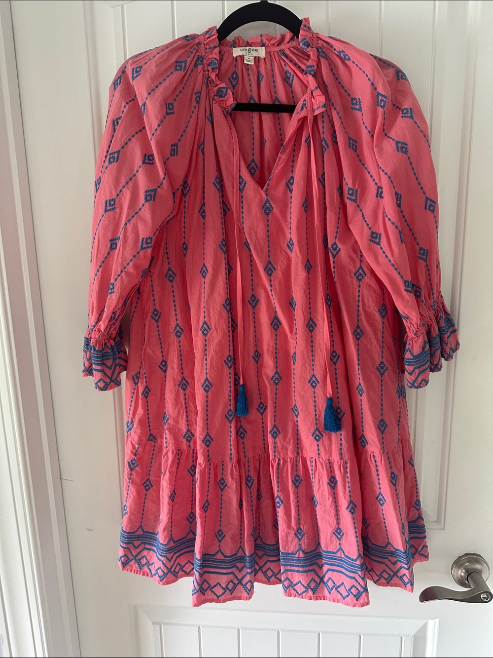 Umgee Pink Boho Dress with blue embroidery